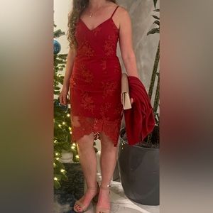 Guess red illusion mesh Christmas party dress embroidered lace cocktail small